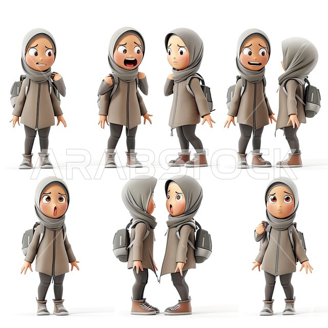الاستعداد للذهاب إلى المدرسة، شخصيات ثري دي، إيماءات وحركات مختلفة، تعابير وجه وجسد متعددة، رسوم توضيحية ثلاثية الأبعاد لامرأة عربية خليجية سعودية محجبة تحمل على ظهرها الحقيبة المدرسية، خلفية بيضاء