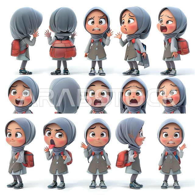 الاستعداد للذهاب إلى المدرسة، شخصيات ثري دي، إيماءات وحركات مختلفة، تعابير وجه وجسد متعددة، رسوم توضيحية ثلاثية الأبعاد لامرأة عربية خليجية سعودية محجبة تحمل على ظهرها الحقيبة المدرسية، خلفية بيضاء