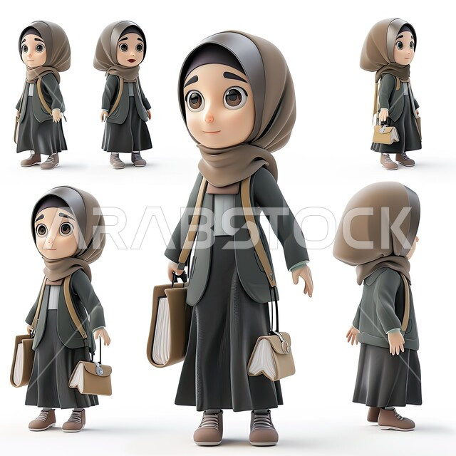 شخصيات ثري دي، إيماءات وحركات مختلفة، تعابير وجه وجسد متعددة، رسوم توضيحية ثلاثية الأبعاد لامرأة عربية خليجية سعودية محجبة تحمل بيدها الحقيبة، خلفية بيضاء