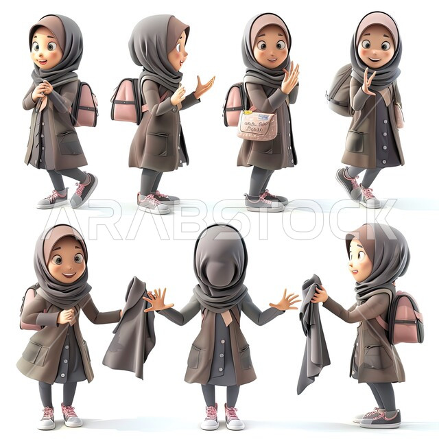 الاستعداد للذهاب إلى المدرسة، شخصيات ثري دي، إيماءات وحركات مختلفة، تعابير وجه وجسد متعددة، رسوم توضيحية ثلاثية الأبعاد لامرأة عربية خليجية سعودية محجبة تحمل على ظهرها الحقيبة المدرسية، خلفية بيضاء