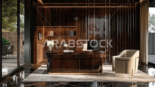 A work office with luxurious classic decorations and furniture, modern design for Saudi corporate offices, office rooms with interior designs and upscale leather decorations, reading and sitting rooms.