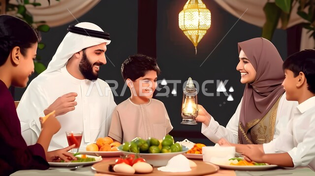 أجواء دينية رمضانية، أسرة عربية خليجية سعودية تقوم بتبادل الأحاديث والنقاشات بإيماءات السعادة والسرور، اجتماع العائلة حول مائدة الطعام، سفرة مليئة باصناف من المأكولات الشرقية الشهية، أداء فريضة الصيام
