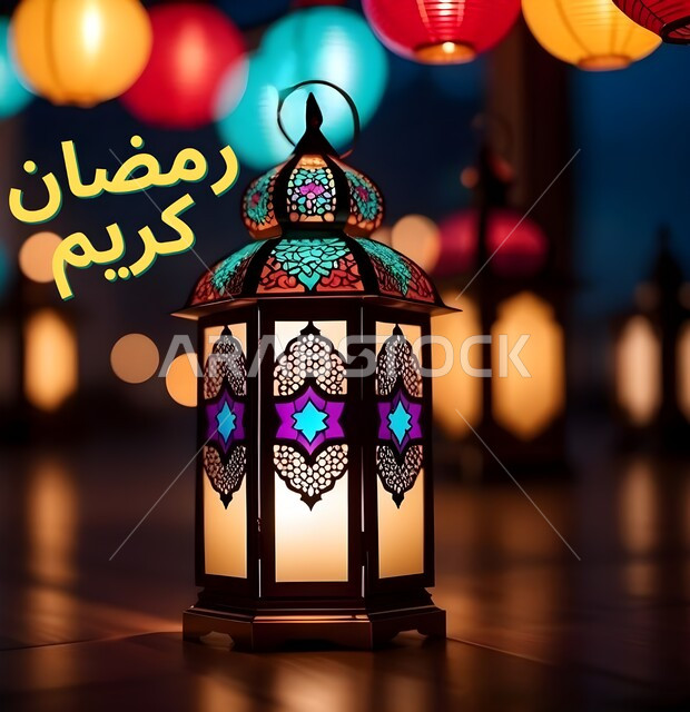 A greeting card for the advent of the blessed month with the phrase Ramadan Kareem in yellow, traditional Islamic lanterns and antiques, a luminous ornate metal Arabic lantern, lighting and decorations for holidays and religious occasions, decorations and lights in the spiritual Ramadan atmosphere.