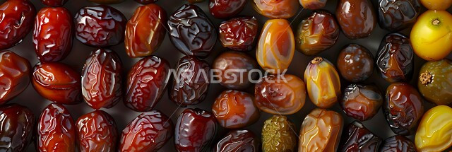 مجموعة من أنواع التمور المختلفة الصحية الطازجة، منتجات ومحاصيل زراعية محلية وطنية سعودية، وجبة ذات قيمة غذائية عالية، ضيافة رمضانية لذيذة، ثمار الرطب من أشجار النخيل في مزارع المملكة