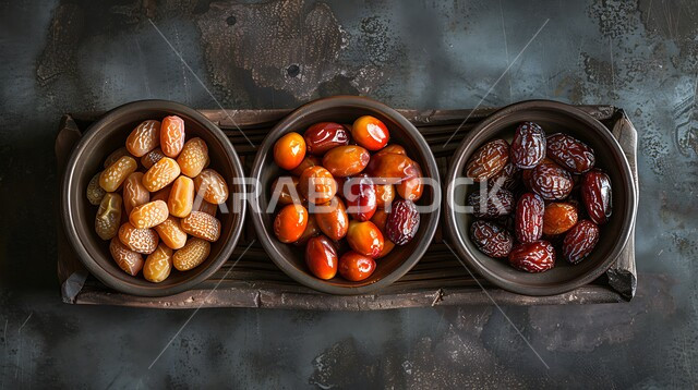 A meal with a high nutritional value, delicious Ramadan hospitality, fresh fruits from palm trees on the Kingdom’s farms, a picture from above of copper dishes filled with different types of healthy, fresh dates, local Saudi national agricultural products and crops.