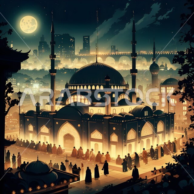 توافد المسلمون لأداء الفرائض والصلوات, العبادة والتقرب من الله, الفن الهندسي المعماري لبناء المساجد في المملكة العربية السعودية, خلفية السماء مع القمر المكتمل، الديكورات والتصاميم الخارجية الحديثة لبناء الأماكن إسلامية مقدسة