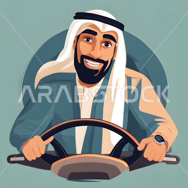  النظر الى الكاميرا بإيماءات السرور والبشاشة, صورة كرتونية مقربة لرجل مبتسم عربي خليجي سعودي يرتدي الغترة والزي التقليدي يمسك بيديه مقود السيارة, الاستعداد للذهاب الى العمل, مفهوم الاهتمام بالمظهر الخارجي