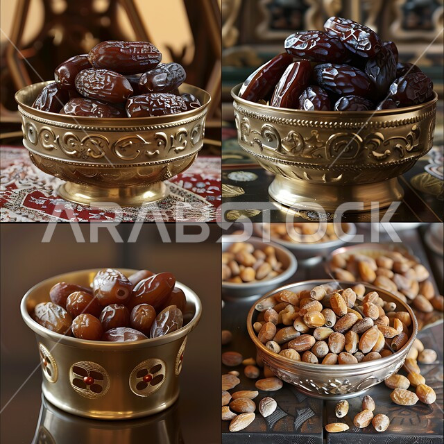 أطباق معدنية مليئة بالتمور الطازجة، التمر و الرطب الصحي اللذيذ، ضيافة رمضانية شهية، غذاء صحي ومفيد، وجبة غذائية عالية الأهمية، منتجات ومحاصيل زراعية محلية سعودية وطنية