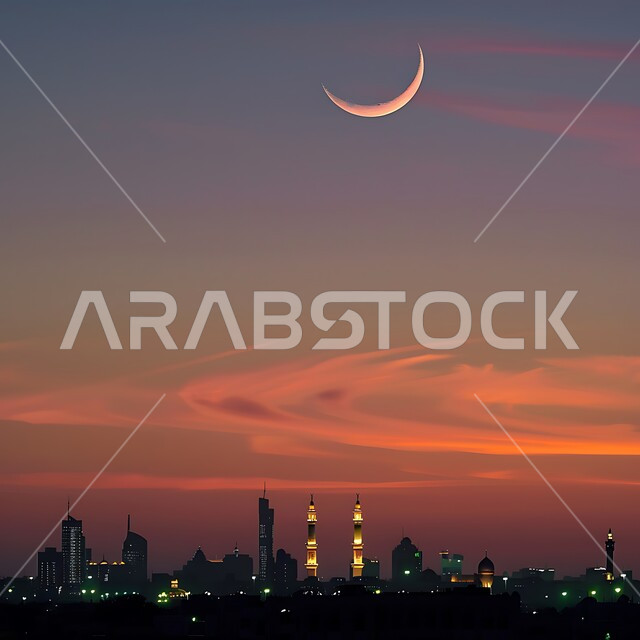 The concept of worship and drawing closer to God Almighty, the illuminated minarets of mosques in the blessed month of Ramadan, preparing to welcome the month of goodness and blessings, the spiritual Ramadan atmosphere at sunset, the view of the sky with the crescent moon