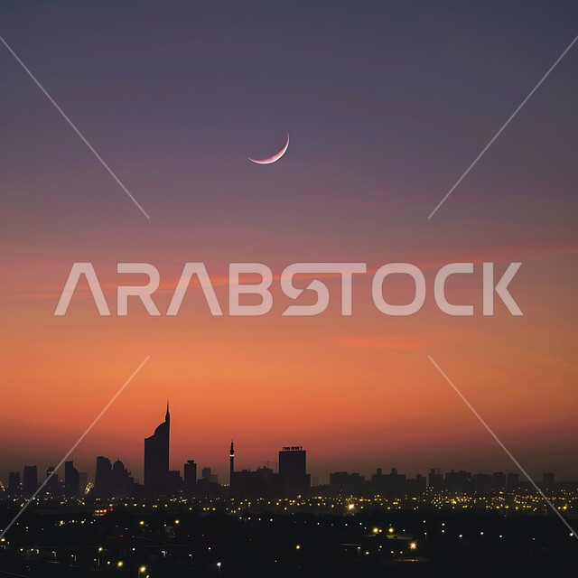 الاجواء الرمضانية الروحانية في وقت غروب الشمس, مآذن المساجد المضيئة في شهر رمضان المبارك, الاستعداد لاستقبال شهر الخير و البركة , مفهوم العبادة و التقرب الى الله  تعالى,  منظر السماء مع القمر هلالا