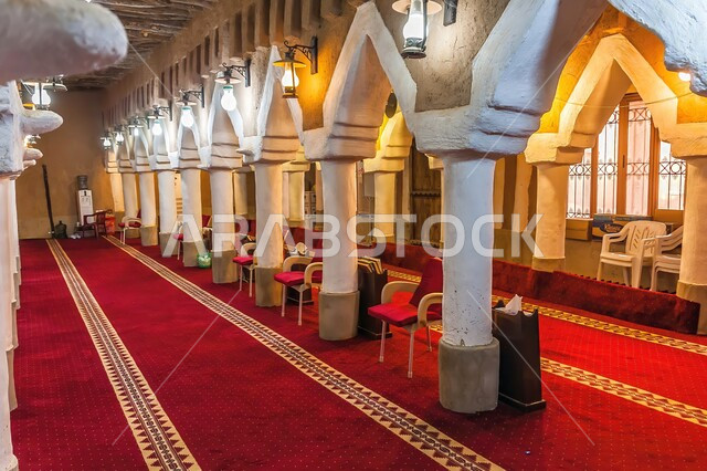 Interior decorations and designs in the ancient Arab style of the Al-Faylaqiyya Mosque in the heritage village of Ushaiqar, archaeological buildings in Shaqra Governorate, ancient historical monuments in the city of Riyadh, famous tourist places in Saudi Arabia, areas of worship and performing religious duties in popular villages.