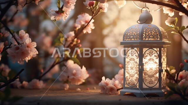 فانوس رمضان المبارك المضيء مع الورود الطبيعية، أضواء عربية تقليدية، اجواء إسلامية ورمضانية، الاستعداد لاستقبال والاحتفال بقدوم شهر الخير، ديكورات وزينة الشهر الفضيل، خلفية الطبيعة