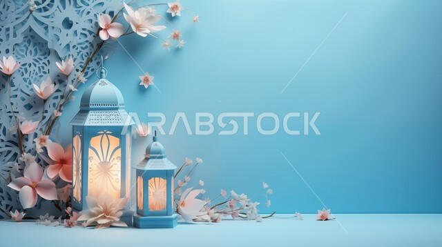 اجواء إسلامية ورمضانية، ديكورات وزينة الشهر الفضيل، فانوس رمضان المبارك المضيء مع الورود الطبيعية، أضواء عربية تقليدية، الاستعداد لاستقبال والاحتفال بقدوم شهر الخير، خلفية زرقاء