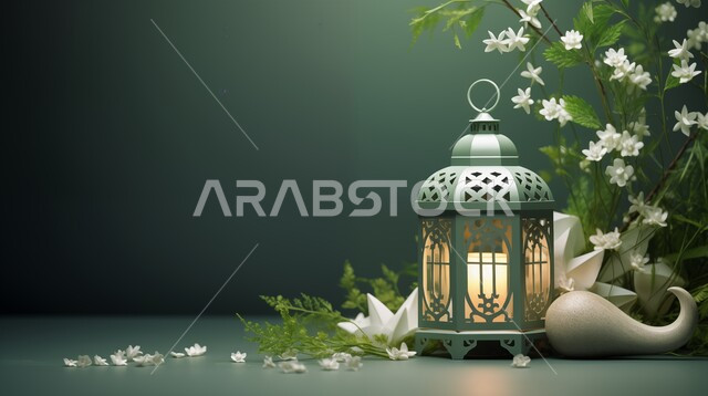 ديكورات وزينة الشهر الفضيل، فانوس رمضان المبارك المضيء مع الورود الطبيعية، أضواء عربية تقليدية، الاستعداد لاستقبال والاحتفال بقدوم شهر الخير، اجواء إسلامية ورمضانية، خلفية خضراء