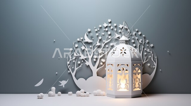 Luminous decorative white metal lantern, traditional Arabic lights, Islamic and Ramadan atmosphere, preparing to welcome and celebrate the advent of the holy month of Ramadan, decorations and decorations for the holy month, white background