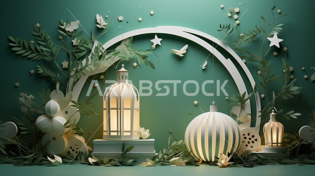 الاستعداد لاستقبال والاحتفال بقدوم شهر الخير، ديكورات وزينة الشهر الفضيل، فانوس رمضان المبارك المضيء مع الورود الطبيعية، أضواء عربية تقليدية، اجواء إسلامية ورمضانية، خلفية خضراء