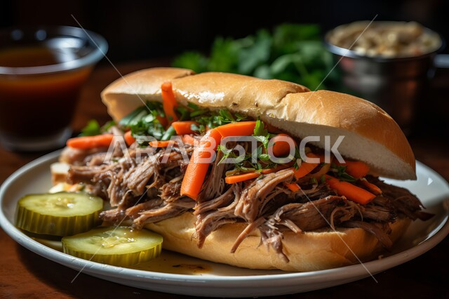 ساندوتش شرائح اللحم البقري المشوي مع الخضراوات الطازجة والصلصات الشهية، وصفات الساندويتش الغربية اللذيذة، مطاعم للمأكولات والوجبات السريعة في المملكة العربية السعودية