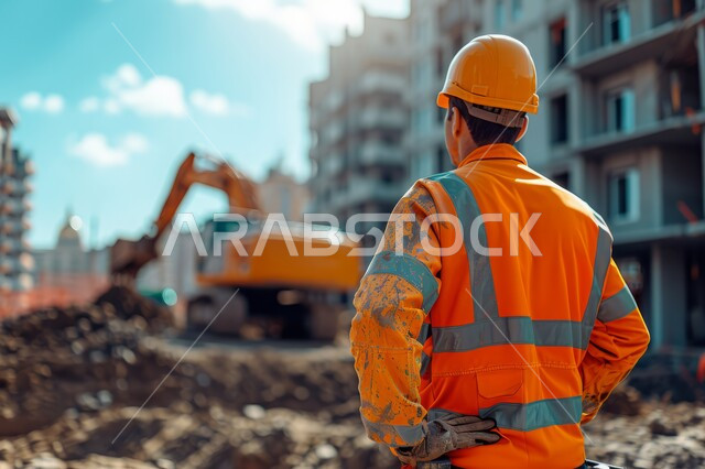 Industrial engineering professions and jobs in Saudi Arabia, a bulldozer working to lift and fill sand, gravel and rubble, a picture from the back of a Saudi Gulf Arab construction worker wearing a helmet and a protective vest supervising the work of heavy machinery and equipment for buildings and large structures, the concept of engineering and construction