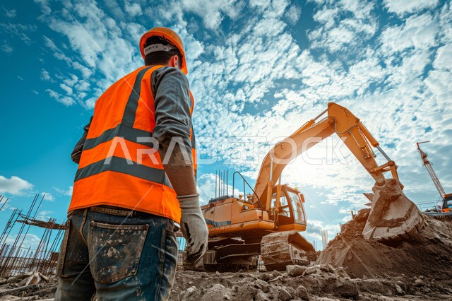 مهن ووظائف هندسية صناعية في السعودية، جرافة تعمل على رفع وتعبئة الرمال والحصى والركام، صورة من الخلف لعامل بناء عربي خليجي سعودي يرتدي الخوذة وسترة الحماية يقوم بالاشراف على عمل الآلات والمعدات الثقيلة للمباني والهياكل الكبيرة، مفهوم الهندسة والانشاءات