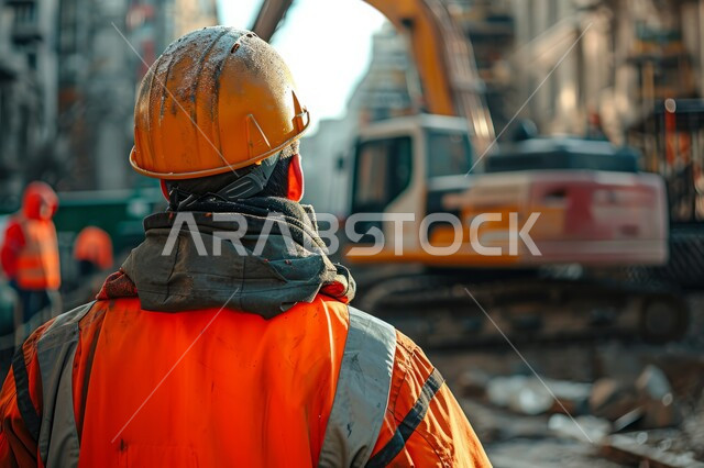 The concept of engineering and construction, industrial engineering professions and jobs in Saudi Arabia, a bulldozer working to lift and fill sand, gravel and rubble, a picture from the back of a Saudi Arabian Gulf construction worker wearing a helmet and a protective vest supervising the work of heavy machinery and equipment for large buildings and structures.