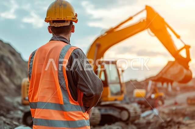 مهن ووظائف هندسية صناعية في السعودية، جرافة تعمل على رفع وتعبئة الرمال والحصى والركام، صورة من الخلف لعامل بناء عربي خليجي سعودي يرتدي الخوذة وسترة الحماية يقوم بالاشراف على عمل الآلات والمعدات الثقيلة للمباني والهياكل الكبيرة، مفهوم الهندسة والانشاءات