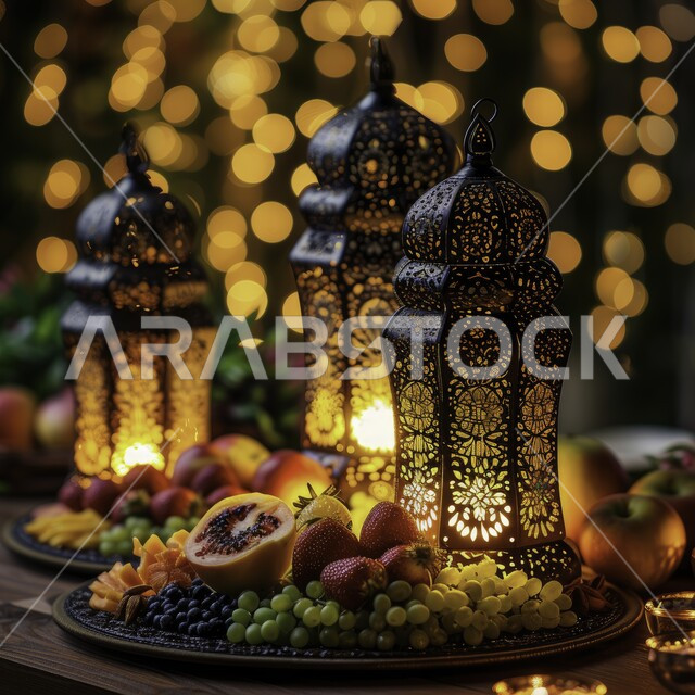 Antiques and accessories next to the fruit platter, illuminated decorative metal Arabic lanterns, decorations and lights in the spiritual Ramadan atmosphere, traditional Islamic lanterns and antiques to celebrate the coming of the month of goodness, and hospitality for the holy month of Ramadan.