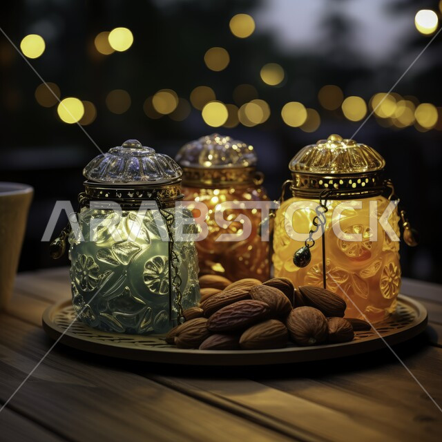  ديكورات وأنوار في الأجواء الرمضانية الروحانية، فوانيس و تحف اسلامية تقليدية للاحتفال بقدوم شهر الخير، ضيافة شهر رمضان المبارك، التحف والاكسسوارات بجانب طبق التمر، فوانيس عربية معدنية مزخرفة مضيئة