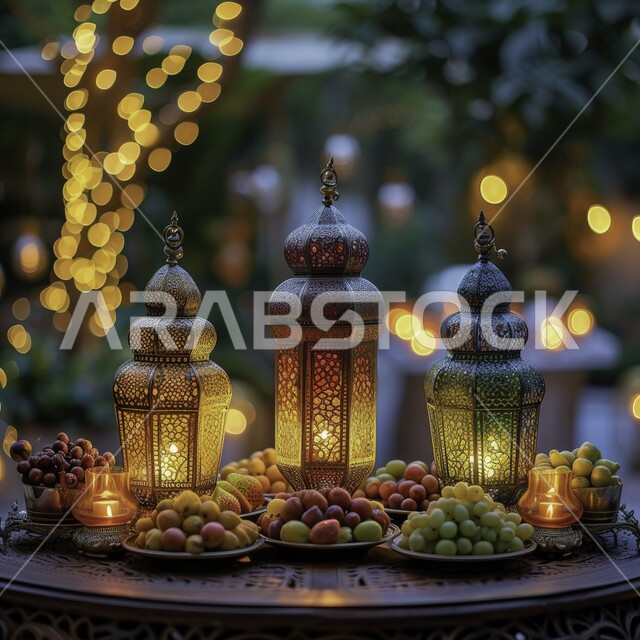 فوانيس عربية معدنية مزخرفة مضيئة، ديكورات وأنوار في الأجواء الرمضانية الروحانية، فوانيس و تحف اسلامية تقليدية للاحتفال بقدوم شهر الخير، ضيافة شهر رمضان المبارك، التحف والاكسسوارات بجانب طبق الفواكه