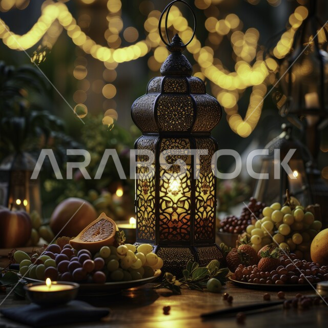  التحف والاكسسوارات بجانب طبق الفواكه، فوانيس عربية معدنية مزخرفة مضيئة، ديكورات وأنوار في الأجواء الرمضانية الروحانية، فوانيس و تحف اسلامية تقليدية للاحتفال بقدوم شهر الخير، ضيافة شهر رمضان المبارك