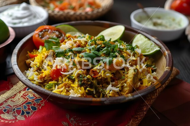 أطباق ووجبات عربية تقليدية شعبية، طبق من أرز الكبسة مع الدجاج المحمر والتوابل المزين بالبقدونس والخضراوات على الطاولة، وصفات طعام المطبخ السعودي, مطاعم للمأكولات الشرقية الشهية