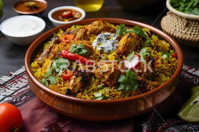 طبق من أرز الكبسة مع الدجاج المحمر والتوابل المزين بالبقدونس والخضراوات على الطاولة، وصفات طعام المطبخ السعودي, مطاعم للمأكولات الشرقية الشهية، أطباق ووجبات عربية تقليدية شعبية