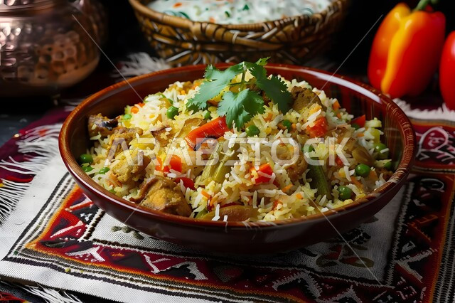 Popular traditional Arabic dishes and meals, a plate of kabsa rice with fried chicken and spices decorated with parsley and vegetables on the table, Saudi cuisine food recipes, restaurants for delicious oriental food
