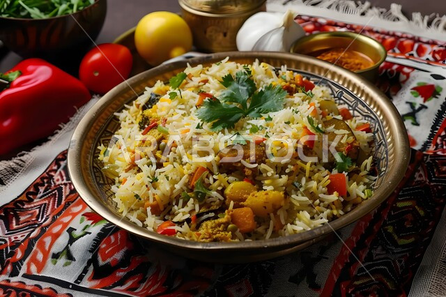 أطباق ووجبات عربية تقليدية شعبية، طبق من أرز الكبسة مع الدجاج المحمر والتوابل المزين بالبقدونس والخضراوات على الطاولة، وصفات طعام المطبخ السعودي, مطاعم للمأكولات الشرقية الشهية