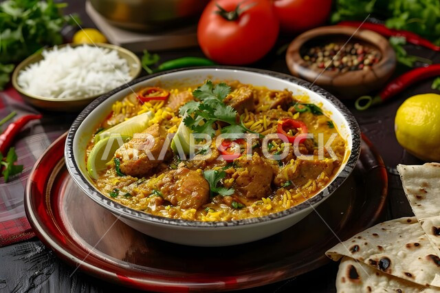 وجبات وأطباق عربية تقليدية شعبية، طبق من أرز الكبسة مع الدجاج المحمر والتوابل المزين بالبقدونس والخضراوات على الطاولة، وصفات طعام المطبخ السعودي، مطاعم للمأكولات الشرقية الشهية