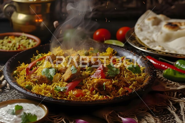 طبق من أرز الكبسة مع الدجاج المحمر والتوابل المزين بالبقدونس والخضراوات على الطاولة، وصفات طعام المطبخ السعودي، مطاعم للمأكولات الشرقية الشهية، أطباق ووجبات عربية تقليدية شعبية