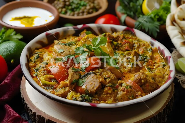 وجبات وأطباق عربية تقليدية شعبية، طبق من أرز الكبسة مع الدجاج المحمر والتوابل المزين بالبقدونس والخضراوات على الطاولة، وصفات طعام المطبخ السعودي، مطاعم للمأكولات الشرقية الشهية