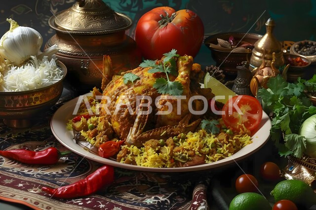 طبق من أرز الكبسة مع الدجاج المحمر والتوابل المزين بالبقدونس والخضراوات على الطاولة، وصفات طعام المطبخ السعودي، مطاعم للمأكولات الشرقية الشهية، أطباق ووجبات عربية تقليدية شعبية