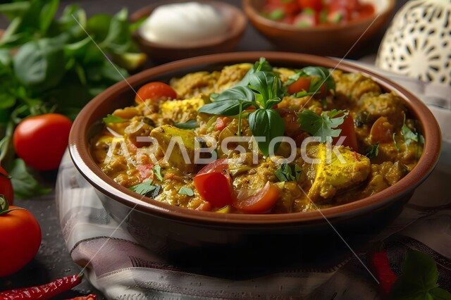 طبق من الدجاج المحمر بالكاري والتوابل المزين بالبقدونس والخضراوات على الطاولة، وصفات طعام المطبخ السعودي، مطاعم للمأكولات الشرقية الشهية، وجبات وأطباق عربية تقليدية شعبية