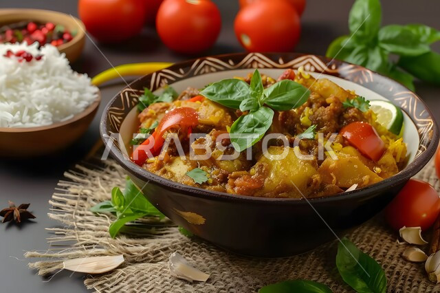 طبق من الدجاج المحمر بالكاري والتوابل المزين بالبقدونس والخضراوات على الطاولة، وصفات طعام المطبخ السعودي، مطاعم للمأكولات الشرقية الشهية، وجبات وأطباق عربية تقليدية شعبية