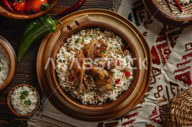 مطاعم للمأكولات الشرقية الشهية، أطباق ووجبات عربية تقليدية شعبية، طبق من الأرز الأبيض مع الدجاج المحمر والتوابل المزين بالخضراوات على الطاولة الخشبية، فنون الطهي ووصفات طعام المطبخ السعودي