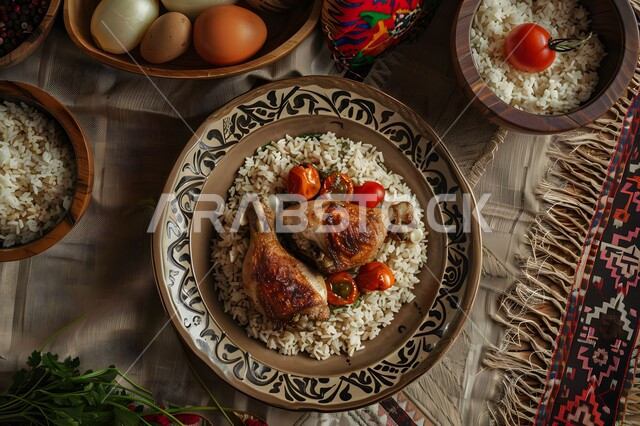 مطاعم للمأكولات الشرقية الشهية، أطباق ووجبات عربية تقليدية شعبية، طبق من الأرز الأبيض مع الدجاج المحمر والتوابل المزين بالخضراوات على الطاولة الخشبية، فنون الطهي ووصفات طعام المطبخ السعودي