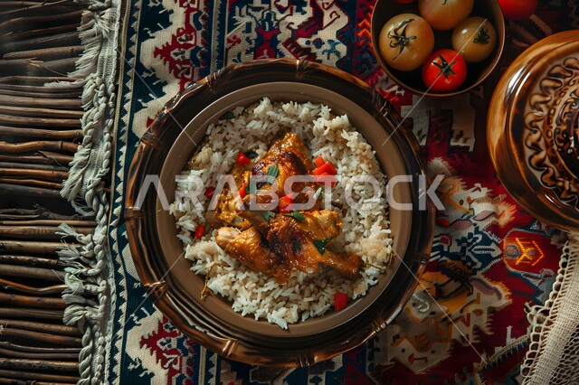 طبق من الأرز الأبيض مع الدجاج المحمر والتوابل المزين بالخضراوات على الطاولة الخشبية، وصفات طعام المطبخ السعودي، مطاعم للمأكولات الشرقية الشهية، أطباق ووجبات عربية تقليدية شعبية