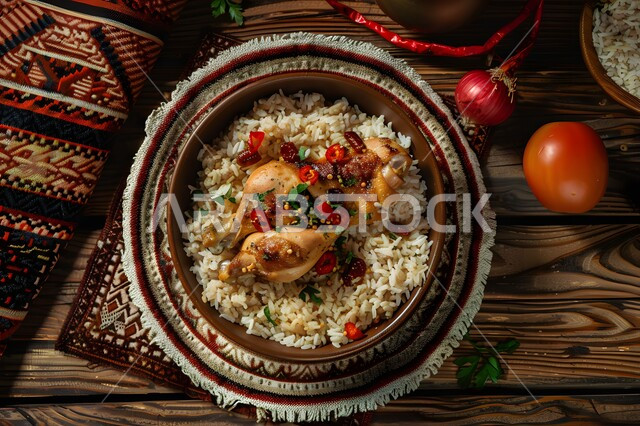 طبق من الأرز الأبيض مع الدجاج المحمر والتوابل المزين بالخضراوات على الطاولة الخشبية، وصفات طعام المطبخ السعودي، مطاعم للمأكولات الشرقية الشهية، أطباق ووجبات عربية تقليدية شعبية