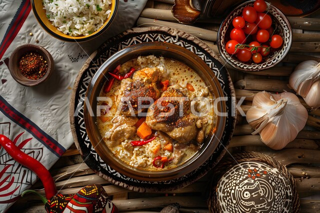 فنون الطهي ووصفات طعام المطبخ السعودي، مطاعم للمأكولات الشرقية الشهية، أطباق ووجبات عربية تقليدية شعبية، طبق من الأرز الأبيض مع الدجاج المحمر والتوابل المزين بالخضراوات على الطاولة الخشبية