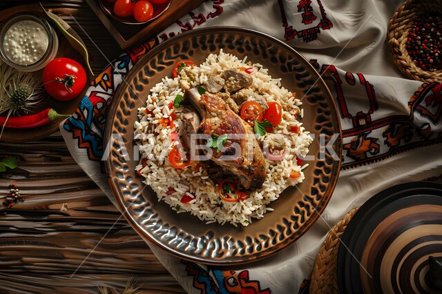 مطاعم للمأكولات الشرقية الشهية، أطباق ووجبات عربية تقليدية شعبية، طبق من الأرز الأبيض مع الدجاج المحمر والتوابل المزين بالخضراوات على الطاولة الخشبية، فنون الطهي ووصفات طعام المطبخ السعودي