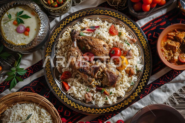 مطاعم للمأكولات الشرقية الشهية، أطباق ووجبات عربية تقليدية شعبية، طبق من الأرز الأبيض مع الدجاج المحمر والتوابل المزين بالخضراوات على الطاولة الخشبية، فنون الطهي ووصفات طعام المطبخ السعودي