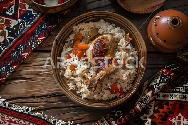 طبق من الأرز الأبيض مع الدجاج المحمر والتوابل المزين بالخضراوات على الطاولة الخشبية، وصفات طعام المطبخ السعودي، مطاعم للمأكولات الشرقية الشهية، أطباق ووجبات عربية تقليدية شعبية