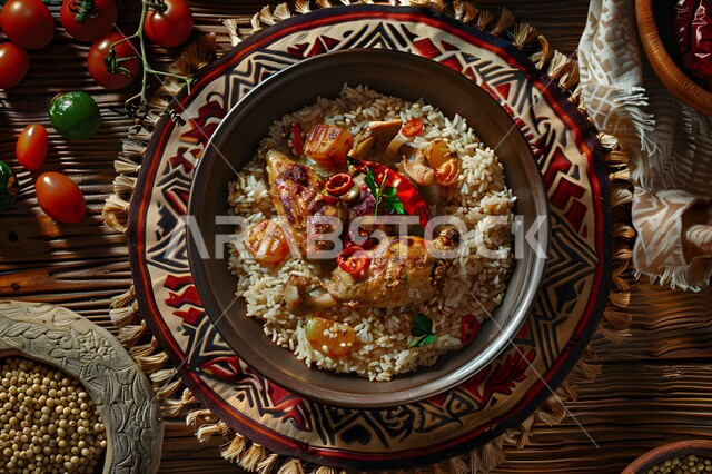 فنون الطهي ووصفات طعام المطبخ السعودي، مطاعم للمأكولات الشرقية الشهية، أطباق ووجبات عربية تقليدية شعبية، طبق من الأرز الأبيض مع الدجاج المحمر والتوابل المزين بالخضراوات على الطاولة الخشبية