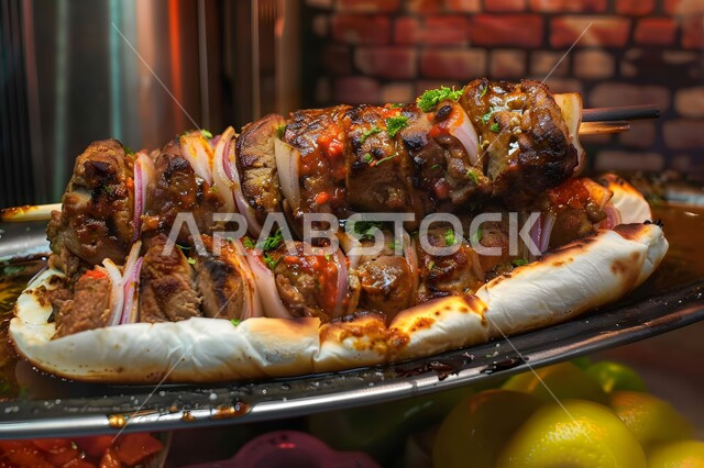 أسياخ اللحم مع الخضراوات، تحضير أطباق اللحوم المشوية على النار والفحم، فن الطهي والشواء ووصفات الأطعمة الشرقية، وجبات طعام لذيذة صحية، مطاعم الوجبات والمأكولات السريعة في المملكة العربية السعودية