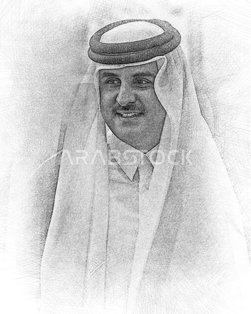 صورة الأمير تميم بن حمد آل ثاني مبتسم يرتدي الزي التقليدي ينظر إلى شيء ما, التعبير عن المحبة، فنون ومواهب الرسم بدولة قطر، ايماءات وتعابير السرور والسعادة، لوحة جدارية فنية بقلم الرصاص لصاحب السمو الملكي القطري